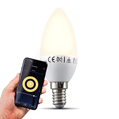 Abbildung von B.K.Licht smart Home LED Lampe E14 via App und Sprachsteuerung, warmweiße Lichtfarbe, 5,5 Watt, 470 Lumen, LED, Glühbirne, Leuchtmittel, Birne, Glühlampen, 3,7x10,7 cm, Weiß