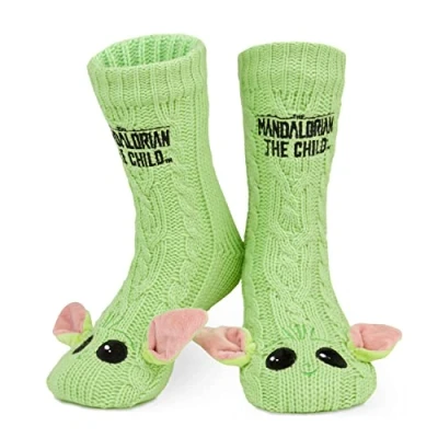 Abbildung von Disney Antirutschsocken Damen mit 3D Ohren, One Size ABS Kuschelsocken Antirutsch Haussocken Winter Frauen Geschenke (Grün Baby Yoda)