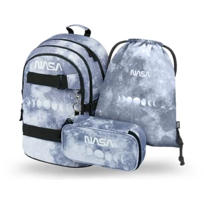 Abbildung von Baagl Schulrucksack Set Jungen 3 Teilig, Schultasche ab 3. Klasse, Grundschule Ranzen mit Brustgurt, Ergonomischer Schulranzen (NASA Grey)