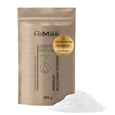 Abbildung von FemMas Premium Blondierungspulver 500g, vegan I Hair Bleach staubfrei &amp; ultra stark mit pflegenden Ölen Schonende Blondierung bis zu 9 Nuancen tierversuchsfrei, ohne Parabene Silikone