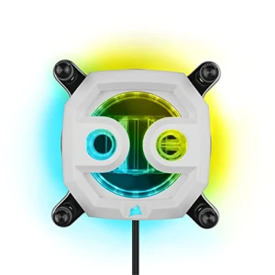 Abbildung von Corsair Hydro X Series XC7 RGB PRO CPU Wasserblock für Intel LGA 1700, 1200, 115X und AMD Sockel AM4 (Kupferkühlplatte, 110 Mikrokühlrippen, 16 LEDs, Mainboard Adapterkabel inklusive) Weiß