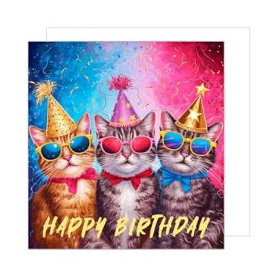 Abbildung von Edition Seidel Premium quadratische Geburtstagskarte mit Umschlag. Glückwunschkarte Happy Birthday Billet Karte für Mann Frau Kind coole Katzen Partyhut lustig Humor (GQ305 SW024)