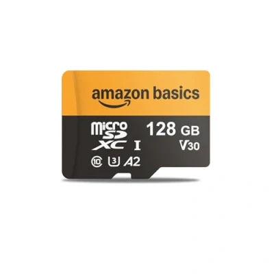 Abbildung von Amazon Basics microSD Karte mit Lese Adapter, 128 GB, schnelle Geschwindigkeit bis zu 200 MB/s, Schwarz, 1 Stück