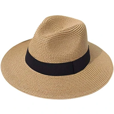 Abbildung von DRESHOW Damen Panama Hut Fedora Strand Sonnenhut Breiter Rand Stroh Aufrollen UPF 50+