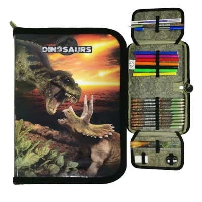 Abbildung von Theonoi Federmäppchen Federtasche Federmappe Mäppchen Etui 2 Fach Doppeldecker GEFÜLLT (Dinosaurier Dino)