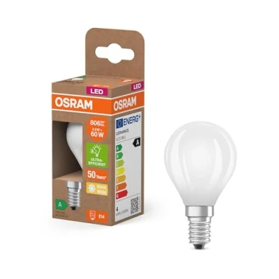 Abbildung von Osram Energy Class LED Lampe in klassischer Miniballform, 3.8 W / 806 lm, EEK A, warmweißes Licht (2700 K), CRI 80, aus gefrostetem bleifreiem Glas, E14 Sockel, IP20, 45 mm Durchmesser.