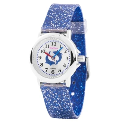 Abbildung von Kiddus Kinderuhren. Mädchen Armbanduhr. Mit Übungen zum Uhrzeit Lernen. Kinderuhren mädchen. Glitzer und Hochwertigem Japanischen Quarzwerk. Ab 4 Jahre alt. Wale, Blaue Leine.