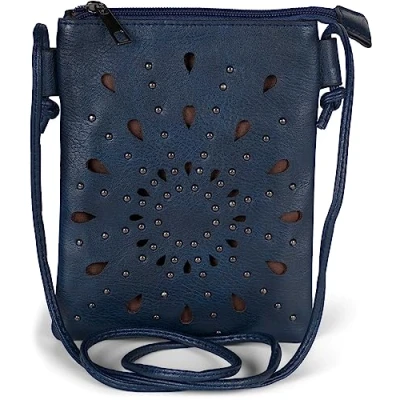 Abbildung von styleBREAKER Damen Mini Bag Umhängetasche mit Cutouts in Ethno Blumen Form und Nieten, Schultertasche, Handtasche, Tasche 02012304, Farbe:Dunkelblau