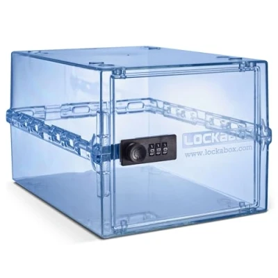 Abbildung von Lockabox One™ Hochwertige Medikamentenbox mit Schloss für Arzneimittel, Vitamine und Nahrungsergänzungsmittel Medizinischer Standard BPA sicher (Helles Mediblau)
