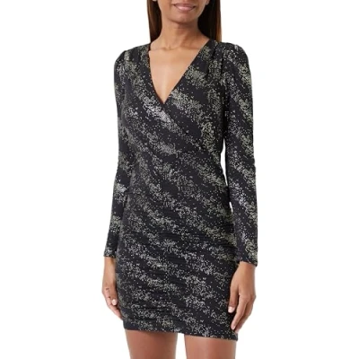 Abbildung von ONLY Damen Onlnew Pella L/S Wrap Foil Dress Jrs, Black/Detail:drizzling Dots Gold, S