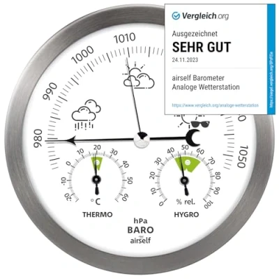 Abbildung von Wetterstation analog aus Edelstahl mit Barometer, Thermometer und Hygrometer für innen außen