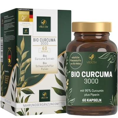 Abbildung von Vitactiv Natural Nutrition Bio Curcuma 3000 Kurkuma hochdosiert Extrakt mit 95% Curcumin Piperin für hohe Bioverfügbarkeit Ohne Magnesiumstearat, Vegan 60 Kapseln Tage