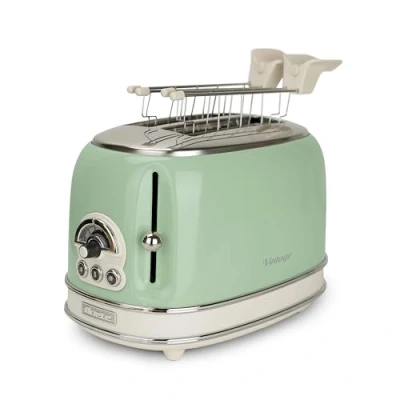 Abbildung von Ariete Vintage 155, 2 Scheiben Toaster, Retro Toaster mit 6 Toaststufen, Automatischer Auswurf, Auftaufunktion, Herausnehmbares Krümelfach, Gehäuse aus Edelstahl, Sandwichzangen, 810W, Vert