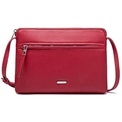 Abbildung von David Jones Damen Umhängetasche Kleine Flache Handtasche PU Leder Tasche Klassiche Elegante Beuteltasche Reise Shopping Handytasche Arbeit Clutch Party Rot