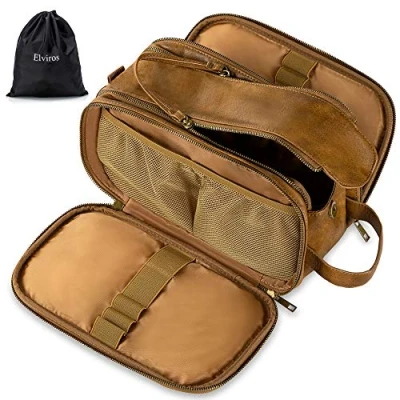 Abbildung von Elviros Kulturbeutel PU Leder für Herren große wasserdichte Reise Kulturtasche Waschtasche im Bade, Khaki