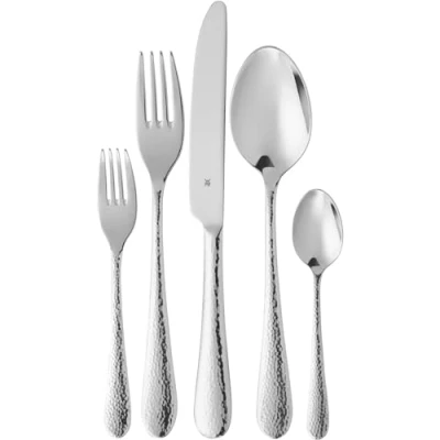 Abbildung von WMF Sitello Besteck Set 12 Personen, Cromargan, Essbesteck 60 teilig, Monobloc Messer, Cromargan Edelstahl poliert, Hammerschlag, ergonomisch, glänzend, spülmaschinengeeignet, silber