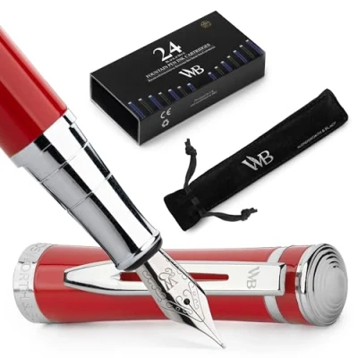 Abbildung von Wordsworth &amp; Black Füllfederhalter Set, mittlere Feder, inklusive 24 Tintenpatronen, Tintennachfüllkonverter und Geschenkbeutel, Chrom Finish, Kalligrafie, [Crimson Red], perfekt für Männer Frauen