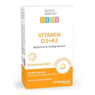 Abbildung von Vitamin D3+K2 für Kinder zuckerfrei 800 IE D3 mit 25 µg K2 und 194 mg Omega 3 45 Mini Kapseln (1,5 Monate)