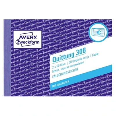 Abbildung von AVERY Zweckform 306 Quittungsblock (A6 quer, 2x50 Blatt, mit Durchschlag, fälschungssicher, separat ausgewiesene MwSt., für Deutschland und Österreich) weiß