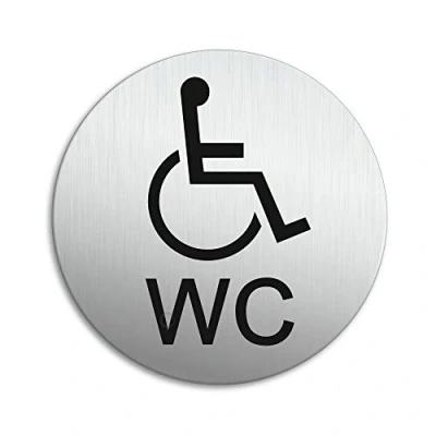 Abbildung von Schild WC Rollstuhl Ø 100 mm Türschild aus Aluminium vertikal gebürstet Edelstahloptik selbstklebend 53204 K