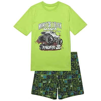 Abbildung von Jungen Schlafanzug kurz, weicher Single Jersey aus 100% Baumwolle und Hose in Bermuda Form mit Motiv Monstertruck Mania, grün Grösse 152