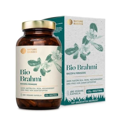 Abbildung von Bio Brahmi 180 Kapseln hochdosiert / 1000 mg Bacopa Bonnieri pro Tagesdosis/Ayurveda Nahrungsergänzung/Vegan, Zertifiziert &amp; Nachhaltig im Glas