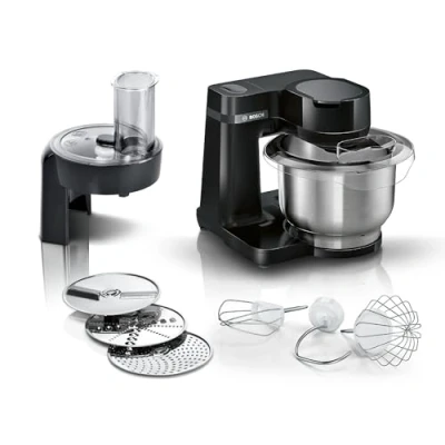 Abbildung von Bosch Küchenmaschine Serie 2 MUMS2EB01, Edelstahl Schüssel 3,8 L, Planetenrührwerk, Knethaken, Schlag , Rührbesen Edelstahl, Durchlaufschnitzler, 3 Scheiben, 700 W, schwarz