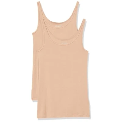 Abbildung von Amazon Essentials Damen Schmal geschnittenes Tanktop mit dünnem Trägern, 2er Pack, Mittelbeige, XS