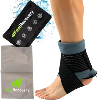 Abbildung von Kühlpads Gel für Sprunggelenk &amp; Fuß (28x17 cm) Kalt Warm Kompresse Set mit Fixierband Bandverletzungen, Frakturen, Verstauchungen Kühlakku zur Kältetherapie Hülle Klettbandage