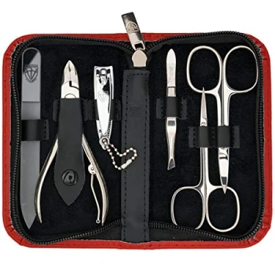Abbildung von DREI SCHWERTER 6 tlg. Nagelset &#039;Verona&#039; Umfassendes Maniküre und Pediküre Set in rotem Echtleder Etui Inhalt: Nagelschere, Hautschere, Nagelknipser, Glasnagelfeile, Pinzette, Nagelzange