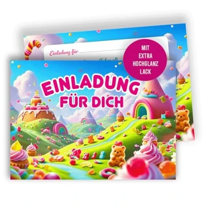 Abbildung von Edition Colibri 10 Einladungskarten Kindergeburtstag A6 Süßigkeiten Party, Candyland Design, bunte Einladungen für Mädchen &amp; Jungen