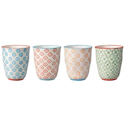 Abbildung von Bloomingville Becher ohne Henkel Emma Retro Teetasse Kaffeebecher Vintage Latte Macchiato Set Ø 8,5 x H 10 cm, blau rot orange grün, Keramik, 4er Set, fasst ca. 300 ml