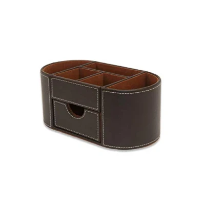 Abbildung von OSCO Brauner Schreibtisch Organizer aus Kunstleder mit Schublade Stifthalter Make up Behälter Stiftaufbewahrung 6 Fächer Schreibwaren Caddy H10 x B23 T12 cm