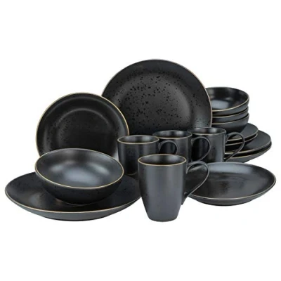 Abbildung von CreaTable, 22699, Serie Industrial Gold BLACK, 16 teiliges Geschirrset, Kombiservice aus Steinzeug, spülmaschinen und mikrowellengeeignet, Qualitätsproduktion