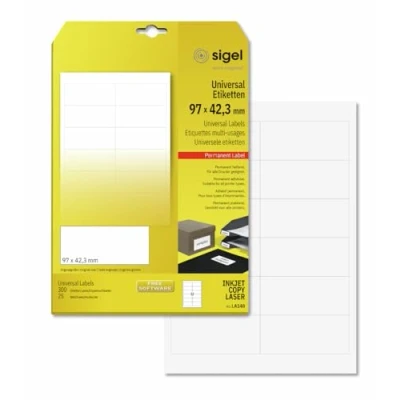 Abbildung von SIGEL LA140 Universal Etiketten selbstklebend, bedruckbar, weiß, 97 x 42,3 mm, 300 = 25 Blatt
