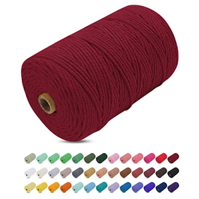 Abbildung von Makramee Garn Weinrot, Uiopa 3mm x 200m Farbig Baumwollkordel Baumwollseil Geflochten Baumwollgarn Baumwollschnur, 4 Stränge für Wandbehang, Hängepflanze, DIY Boho Deko