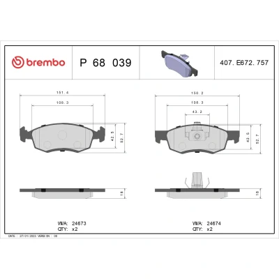 Abbildung von BREMBO P 68 039 Bremsbelagsatz exkl. Verschleißwarnkontakt ohne Zubehör DACIA: Logan I MCV, Pickup