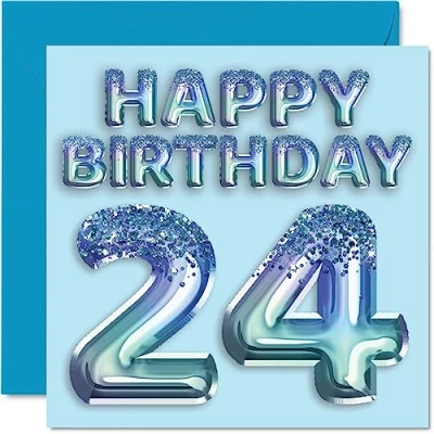 Abbildung von Geburtstagskarte zum 24. Geburtstag für Männer Blauer Glitzer Partyballon Happy Birthday Karten 24 Jahre alten Mann, Bruder, Sohn, Neffe, Onkel, 145 mm x
