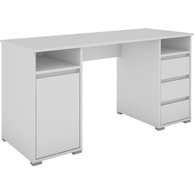 Abbildung von byLIVING Lobo 01 Schreibtisch mit Melaminoberfläche in weiß, 3 Schubläden, 1 Tür, viel Stauraum, pflegeleicht, Holzwerkstoff Spanplatte, B 138, H 75, T 55 cm