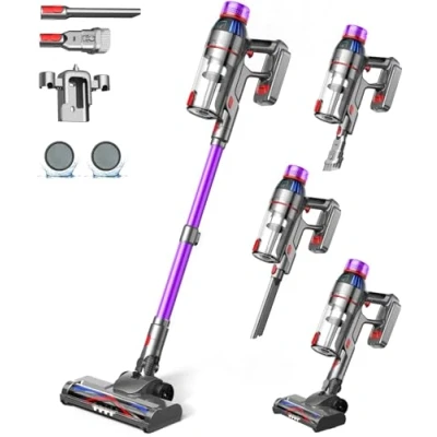 Abbildung von Suafsu Akku Staubsauger Kabellos 550W 45000Pa Langer Laufzeit mit LED Display und Anti Tangle Bürste, Selbststehender Für Hartböden Teppiche Tierhaare