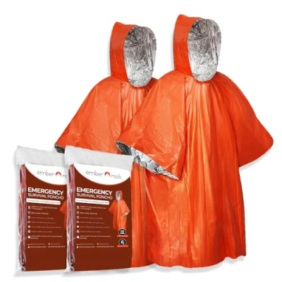 Abbildung von Ember Rock Notfall Survival Poncho mit Thermo Mylar Folienbeschichtung und Decke für Wärmehaltung Regenschutz. Wendbar Kapuze (Orange 2er Pack)