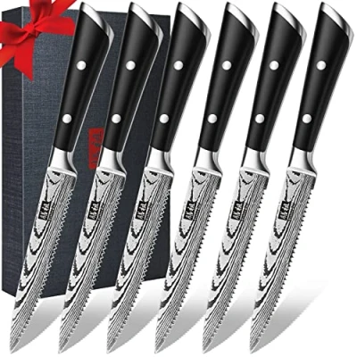 Abbildung von SHAN ZU Steakmesser set 6 teilig, 13 cm Küchen Steakbesteck Messer aus Deutscher Carbon Edelstahl, Scharfe Gezahnte Pizzamesser und Ergonomischem Griff Steak Messer, mit Premium Geschenkbox