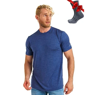 Abbildung von Premium Merino Shirt Herren Kurzarm Sporthemden 100% Unterwäsche + Wanderwollsocken (Medium, Chicago Blues)