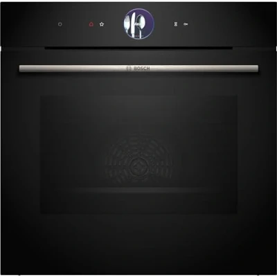 Abbildung von Bosch HBG7363B1, Serie 8 Smarter Einbau Backofen, 60 x cm, Made in Germany, Schwarz, Schmutzabweisend &amp; Selbstreinigend, Air Fry, Assist Automatik, 4D Heißluft, Farb Touchscreen Bedienring
