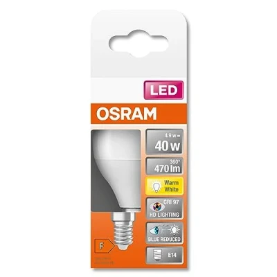 Abbildung von OSRAM SUPERSTAR+ CLASSIC P 40 FR LED Lampe, Sockel E14, Miniballform, 4,9W, 470lm, 2700K, warmweißes Licht, stark reduzierter Blauanteil, geringere Augenbelastung, sehr geringer Energieverbrauch
