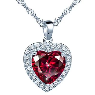 Abbildung von Yumilok Damen Halskette mit Red Granat Gemstone Herz Anhänger Kette 925 Sterling Silber Zirkonia Geschenk für Frauen Weihanchten