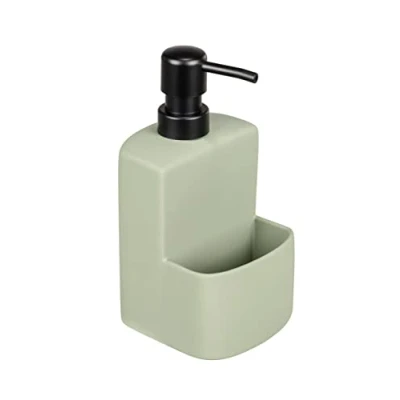 Abbildung von WENKO Spülmittelspender Festival Siena, Seifenspender für die Küche, hochwertige Keramik mit Soft Touch Oberfläche, extra Fach den Spülschwamm, Fassungsvermögen 380 ml, 10 x 18 cm, Rot