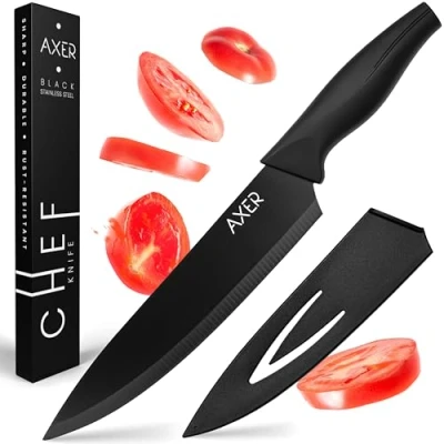 Abbildung von Axer Kochmesser 20 cm Scharfes Küchenmesser mit Klingenschutz Schwarzes Chefmesser Chef Knife Koch Messer Scharf Carbonstahl Scheide, Schwarz