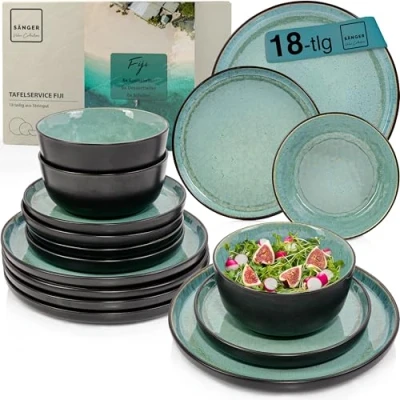 Abbildung von SÄNGER Fiji Steingut Geschirr Set 18 tlg, Teller 6 Personen, Geschirrset 6x Speiseteller Müslischalen Dessertteller, Tafelservice dunkelgrün kratzfest, Essgeschirr VALUE COLLECTION