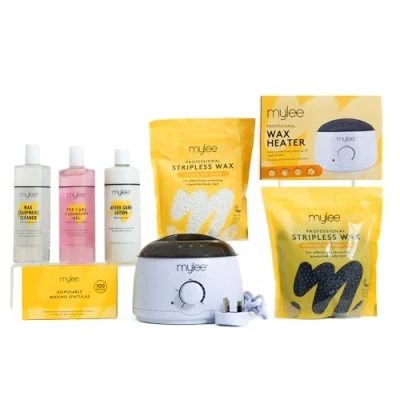 Abbildung von Mylee Professional Komplett Wachsset mit Wachserhitzer, Hartwachs 500 g, Applikatorspatel, Vor und Nachpflegegel, Gerätereiniger (Kokosnuss &amp; Arnika + Holzkohle grüner Tee)